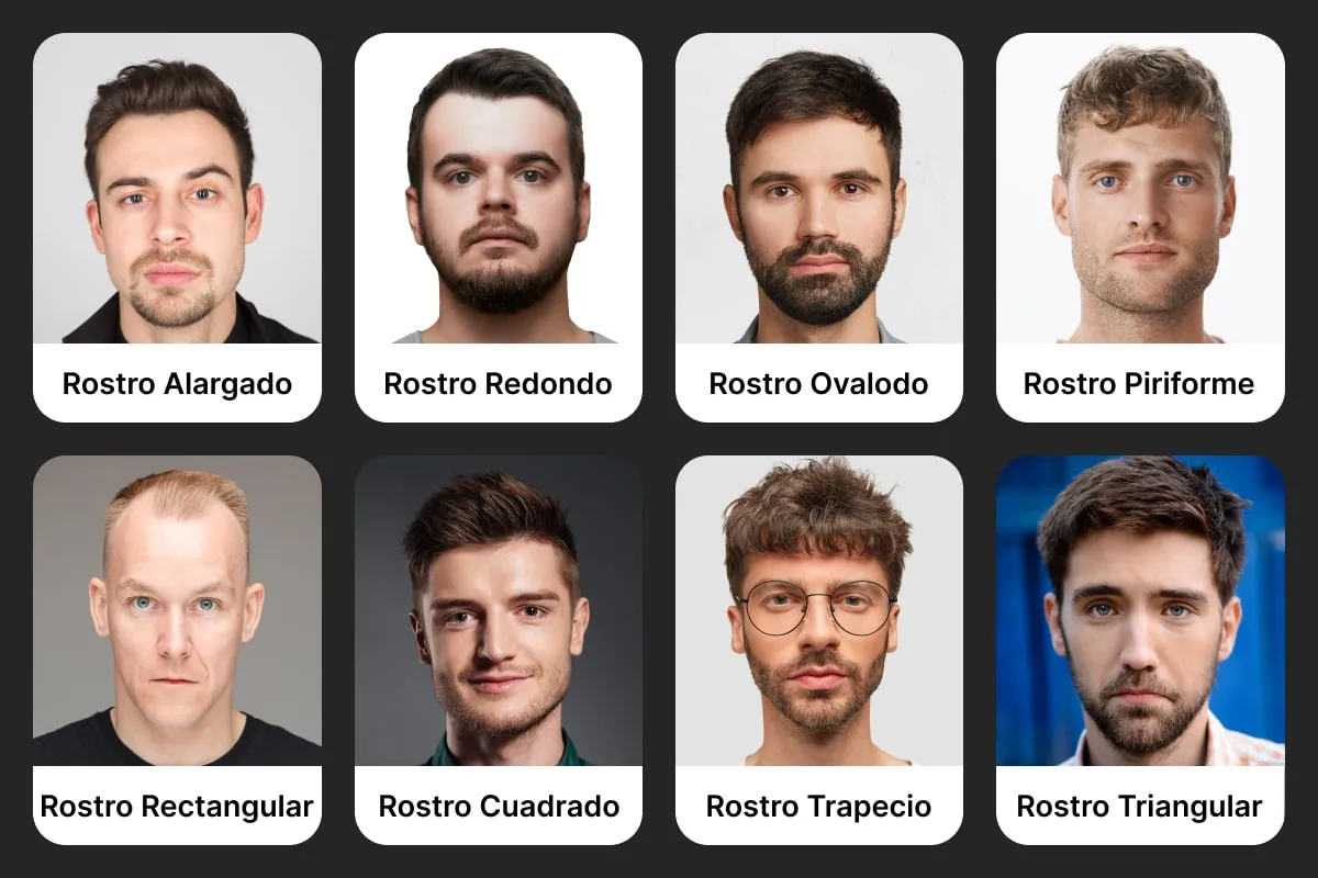 Ocho fotos de hombres con distinto tipo de rostro: alargado, redondo, ovalado, piriforme, rectangular, cuadrado, trapecio y triangular